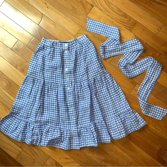 NEW POLO Ralph Lauren Blue Gingham Linen Skirt Tiered - Picture 3 of 13